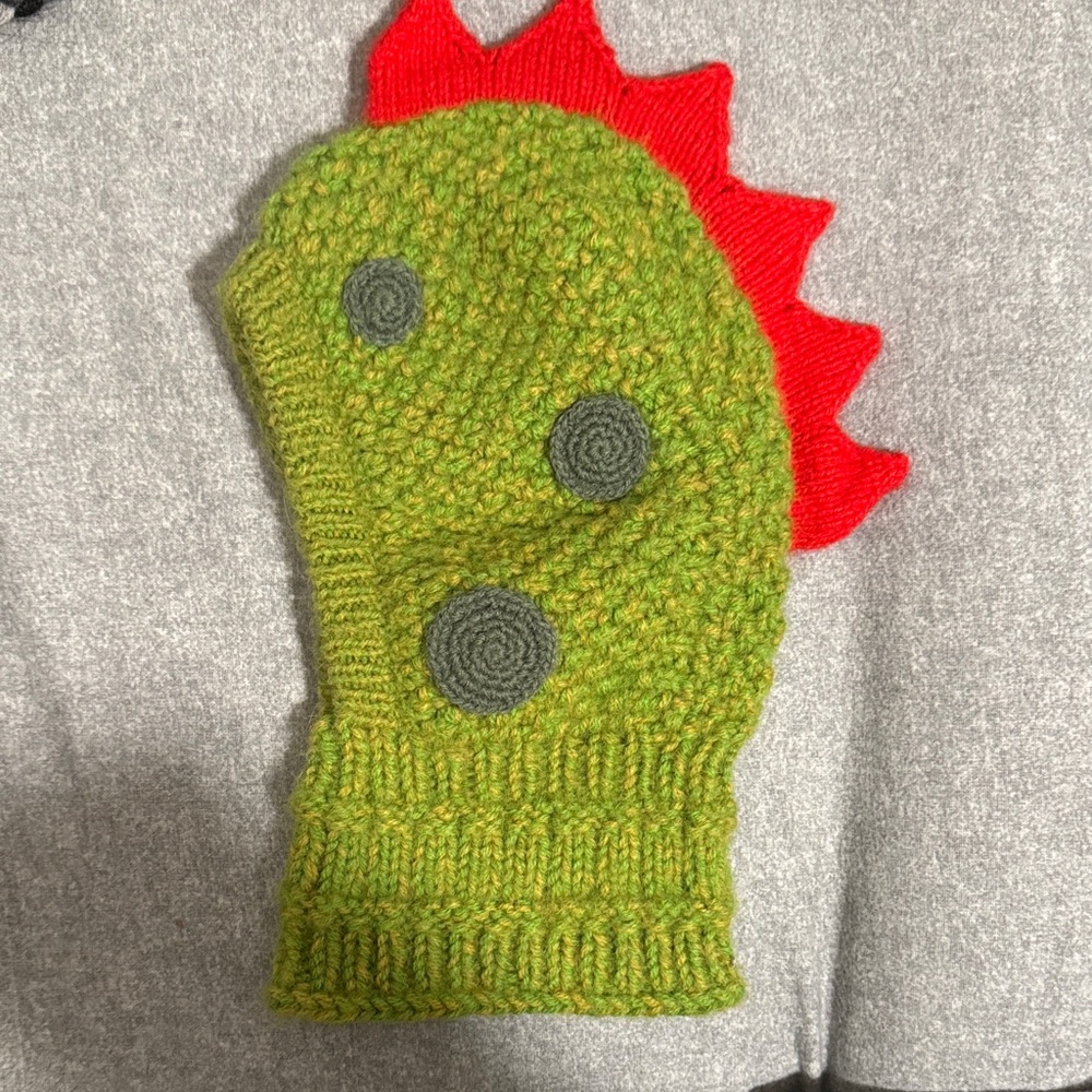 Kids Green Dinosaur Knit Hat with Red Spikes